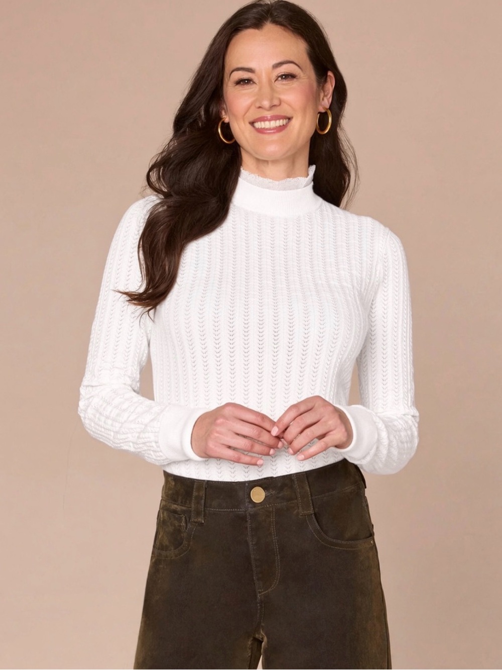 Democracy Pointelle Sweater Mock neck Ruffle White Sz M